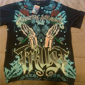 Christian Audigier Black and Teal Graphic Tee